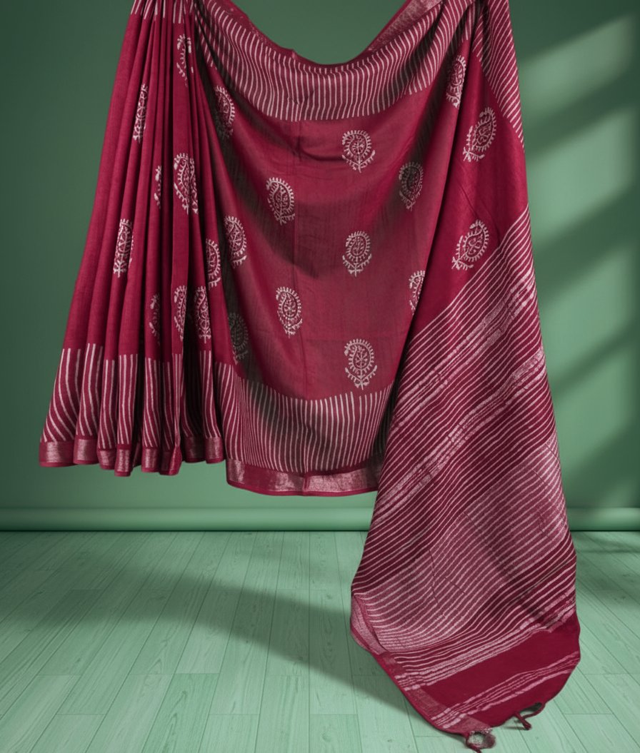 Cotton Linen Hand Block Print Saree